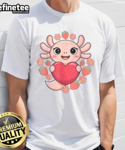 Adorable axolotl graphic on a t-shirt surrounded by hearts and strawberries, perfect for axolotl lovers.