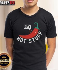 Cute Chilis graphic on 'Hey Hot Stuff' T-shirt for spicy flavor food lovers, perfect for those who love hot and spicy cuisine.