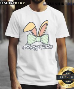 Alt Text: Cute Happy Easter Bunny Ear Ribbon T-Shirt featuring a playful bunny design perfect for spring celebrations.