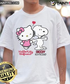 Alt Text: Cute Hello Kitty girlfriend and Snoopy boyfriend graphic on a stylish t-shirt, perfect for casual and playful outfits.