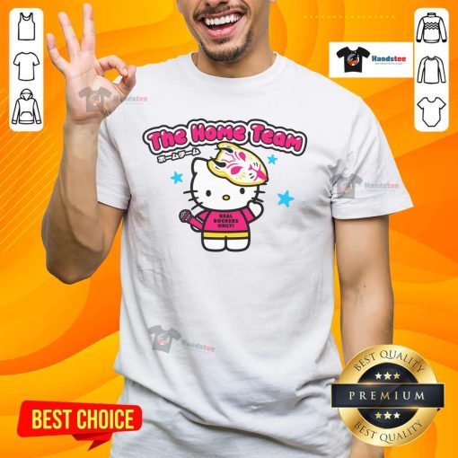 Alt Text: Cute Hello Kitty cat graphic on 'The Home Team Real Rockers Only' T-shirt for stylish fans and cat lovers.
