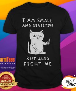 Alt Text: Cute I Am Small And Sensitive But Also Fight Me Cat T-Shirt featuring a playful cat graphic and bold text design.