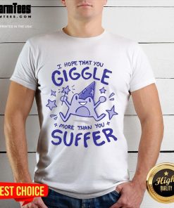 Alt Text: Cute frog witch t-shirt with I Hope That You Giggle More Than You Suffer slogan, perfect for Halloween and fun occasions.
