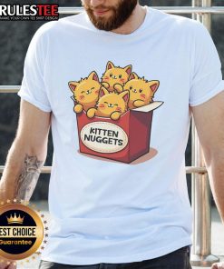 Adorable kitten graphic on a 'Cute Kitten Nuggets Chicken Nuggets' T-shirt for cat lovers, showcasing fun pet-themed apparel.