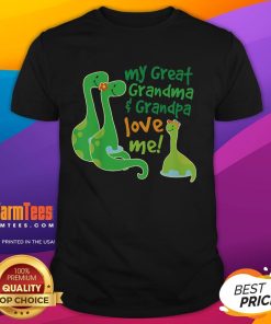 Alt Text: Cute My Great Grandma and Great Grandpa Love Me Apatosaurus T-Shirt featuring a playful dinosaur design.