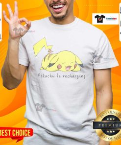 Adorable Pikachu recharging graphic on a trendy t-shirt, perfect for Pokemon fans and casual wear enthusiasts.