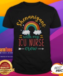 Group of ICU nurses wearing 'Cute Shenanigans With My ICU Nurse Crew' St. Patrick's Day t-shirts, celebrating together.