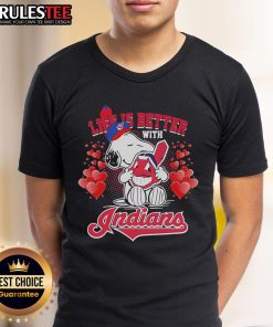 Alt Text: Cute Snoopy Cleveland Guardians Life Is Better With Indians heart T-shirt showcasing team spirit and playful design.