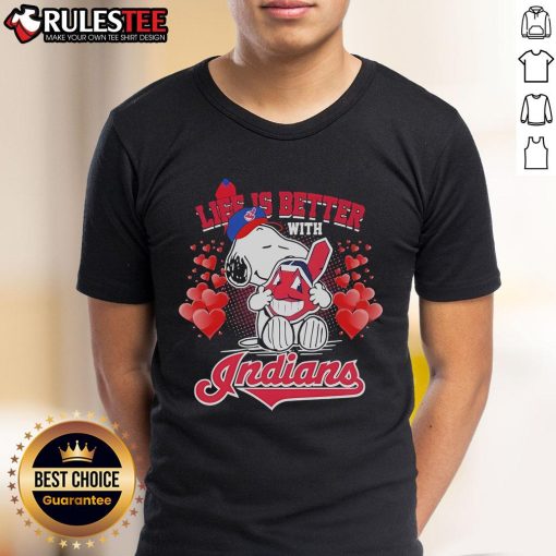 Alt Text: Cute Snoopy Cleveland Guardians Life Is Better With Indians heart T-shirt showcasing team spirit and playful design.