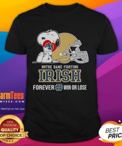 Alt Text: Cute Snoopy hugging a heart on a Notre Dame Fighting Irish t-shirt, celebrating fandom forever, win or lose.