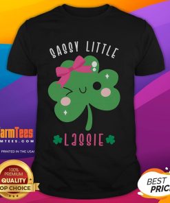 Alt Text: Cute St Patrick's Day Sassy Little Lassie T-Shirt featuring fun graphics and festive colors for celebrating Irish culture.
