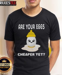 Funny 'Are Your Eggs Cheaper Yet' sarcastic egg beanie hat t-shirt design featuring a whimsical egg graphic.