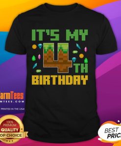 Funny birthday boy wearing a 'It's My 4th Birthday' video game pixel t-shirt, celebrating with a joyful smile.