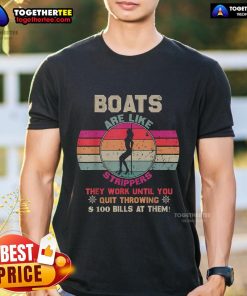 Funny vintage retro t-shirt featuring the phrase 'Funny Boats Are Like Strippers' with playful graphics and bold colors.
