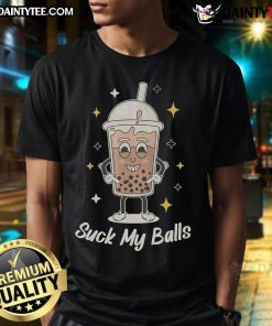 Funny Boba Tea Suck My Balls T-Shirt featuring playful graphics and vibrant colors, perfect for tea lovers with a sense of humor.