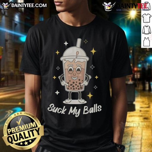 Funny Boba Tea Suck My Balls T-Shirt featuring playful graphics and vibrant colors, perfect for tea lovers with a sense of humor.