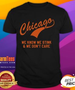 Alt Text: Funny Chicago We Know We Stink & We Don't Care T-Shirt featuring a humorous design celebrating Chicago pride.