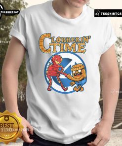 Funny Clobberin Time Adventure Time T-Shirt featuring vibrant graphics of iconic characters in a playful design.