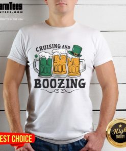 Alt Text: Funny Cruising and Boozing St Patrick's Day T-Shirt featuring playful shamrock graphics and festive text design.