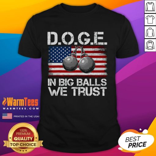 Funny Doge graphic on a In Big Balls We Trust T-shirt, perfect for dog lovers and meme enthusiasts.