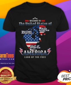 Funny Donald Trump T-Shirt featuring American flag, Canada, Greenland, and Gulf map design for humor and patriotism.