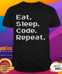 Funny Eat Sleep Code Repeat Retro T-Shirt showcasing a playful design for programmers and tech enthusiasts.
