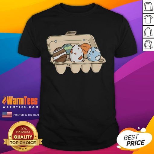 Funny Eggy Planets T-Shirt featuring quirky egg-shaped planets in a colorful cosmic design, perfect for space and humor lovers.
