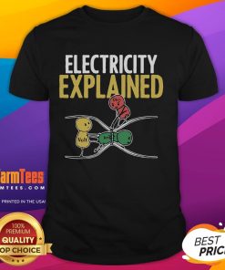 Funny Electricity Explained illustration on a T-shirt for electricians, perfect for teachers and humor enthusiasts.