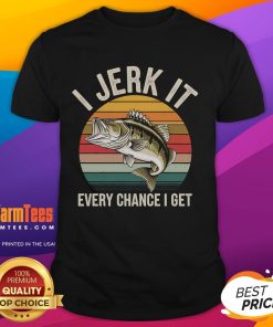 Funny Fishing T-Shirt featuring 'I Jerk It Every Chance I Get' slogan with a bass fish graphic for fishing enthusiasts.