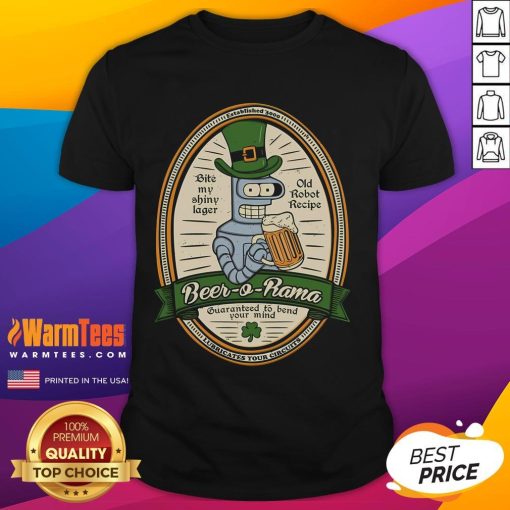 Funny Futurama Beer-O-Rama Bender St. Patrick's Day T-Shirt featuring Bender enjoying a festive beer celebration.