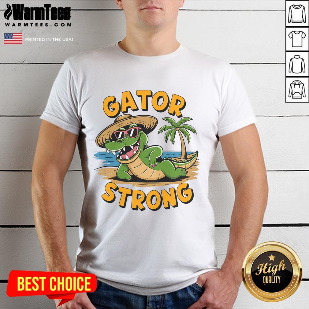 Funny Gator Strong Florida Alligator Sunglasses T Shirt Alt Text: Funny Gator Strong Florida Alligator wearing sunglasses on a stylish t-shirt design, perfect for casual wear.