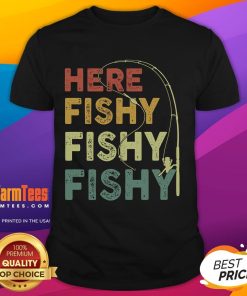 Funny Here Fishy Fishy Fishy vintage retro t-shirt design featuring playful fish graphics and vibrant colors.