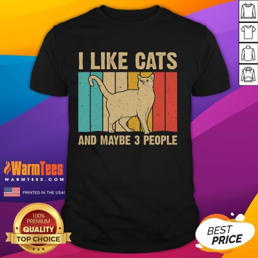 Funny vintage retro T-shirt featuring 'I Like Cats And Maybe 3 People' design, perfect for cat lovers and humor enthusiasts.
