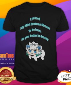 Alt Text: Funny 'I Pause My Mint Fantome Stream To Be Here' Dororong meme T-shirt design showcasing humor and pop culture.
