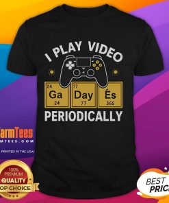 Funny 'I Play Video Periodically' Chemistry T-Shirt with colorful graphics, perfect for science lovers and gamers.