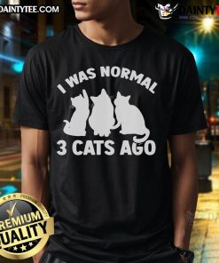 Funny 'I Was Normal 3 Cats Ago' T-Shirt featuring playful cats and kittens, perfect for cat lovers and humor enthusiasts.