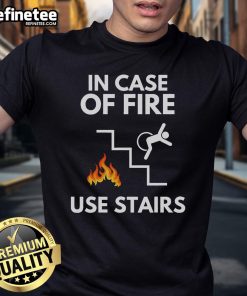 Alt Text: Funny 'In Case of Fire Use Stairs' Disabled Wheelchair T-Shirt design featuring humorous fire safety message.