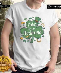 Funny Irish St Patrick's Day 'Dibs On The Redhead' Clover T-Shirt design featuring playful graphics and vibrant colors.