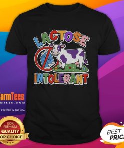 Funny lactose intolerant cow T-shirt featuring a humorous cow graphic and playful text about lactose intolerance.