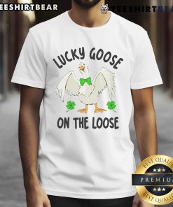 Funny Lucky Goose on the Loose St. Patrick's Day T-Shirt featuring a whimsical shamrock design and vibrant colors.