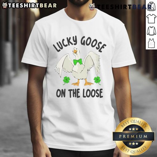 Funny Lucky Goose on the Loose St. Patrick's Day T-Shirt featuring a whimsical shamrock design and vibrant colors.