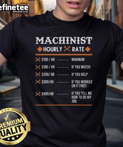 Funny Machinist Hourly Rate T-Shirt featuring humorous graphics and text for machinists, perfect for work or casual wear.