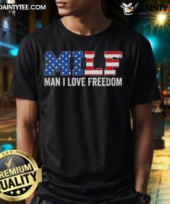 Alt Text: Funny Milf Man I Love Freedom 4th of July patriotic American t-shirt design with vibrant red, white, and blue colors.