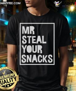 Funny Mr Steal Your Snacks Hungry Boy Yummy T-Shirt featuring a playful design of a boy stealing snacks.