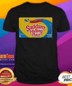 Funny Saddam Hiding Place Gummies T-Shirt featuring a humorous design of a hiding spot, perfect for casual wear.