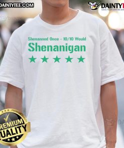 Funny Shenanigan five star review design on a green St. Patrick's Day t-shirt, perfect for festive celebrations.