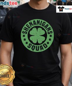 Funny Shenanigans Squad Happy St Patrick's Day T-Shirt featuring vibrant green design and playful graphics for festive wear.