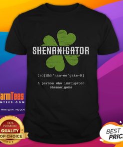 Funny St Patrick's Day Irish Shenanigator t-shirt featuring a lucky cloverleaf design for festive celebrations.