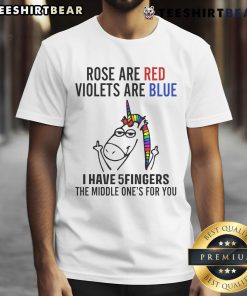 Funny Unicorn Roses Are Red, Violets Are Blue, I Have 5 Fingers T-Shirt design with colorful graphics and playful text.