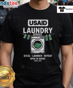 Funny USAID Humor Laundry Service T-Shirt featuring 'Launder & Repeat Since 1961' design for unique style.